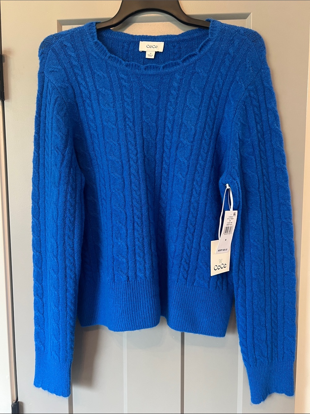CeCe Bright Blue Cable Knit Scoop Neck Sweater